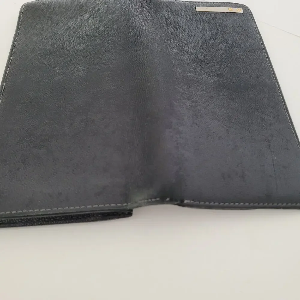 Cartier Santos Bifold Card Holder Checkbook Black Wallet Long Grain Leather